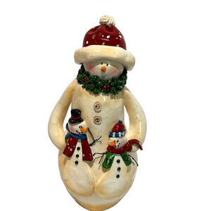Vintage Snowman Family Figurine 7” Resin Ceramic Folk Art Country Christmas Boho